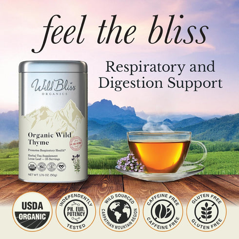 1.76 Oz 25 Wild Bliss Organic Wild Breckland Thyme Tea - Caffeine Free Loose Leaf Herbal Tea - Resipratory