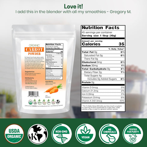 1 lb. Z Natural Foods Organic Carrot Powder, Natural Superfood Powder for Vision and Heart Health, Great in Juices