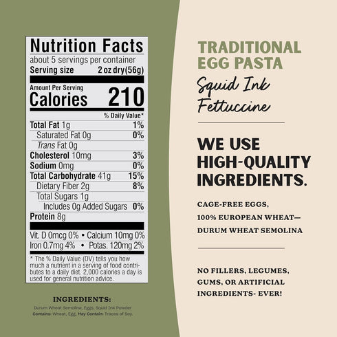 10oz (Pack 6) Al Dente Squid Ink Fettuccine All-Natural, Hand-Crafted Egg Pasta. Delicious and Versatile - Classic