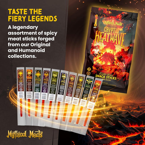 Pack 10 Mythical Meats Cryptid Heatwave Spicy Variety Legendary Exotic Game & Beef Snack Sticks Dried & Dehydrated