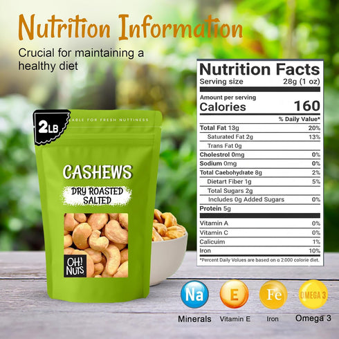 2 lb Packed Oh! Nuts Cashews Roasted Salted - - Oven Dry Roasted Cashews - in New York Zip-Seal Bag for Exceptional