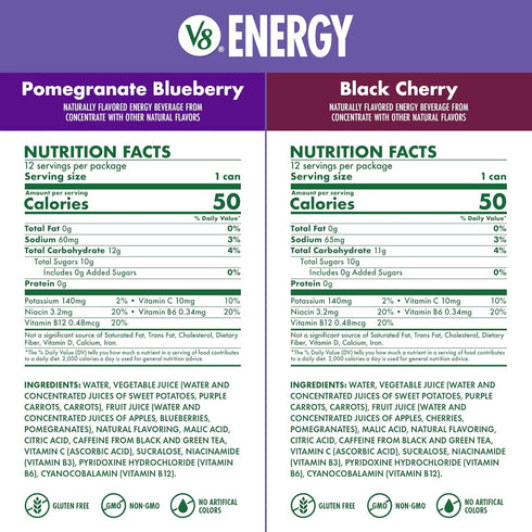 V8 8 oz (24 Pack) Energy Black Cherry and Pomegranate Blueberry Energy Drinks, fl Can