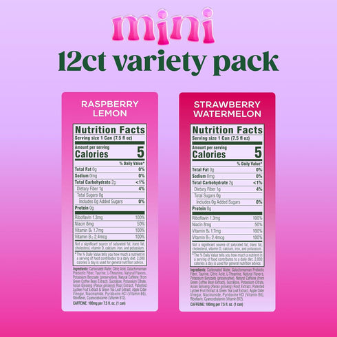 7.5oz 12 Pack Bloom Nutrition Sparkling Energy Drink Minis, Raspberry Lemon & Strawberry Watermelon