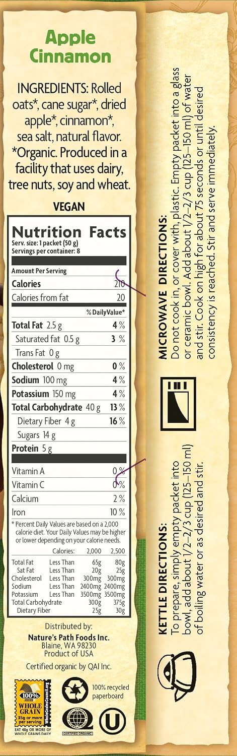 24 Packets, 14 oz Nature's Path, Hot Cereal Pouch Apple Cinnamon