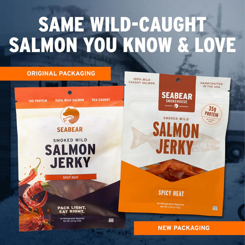 2-Pack 2.5 oz (Pack 2) SeaBear Spicy Heat Wild King Salmon Jerky Smoked Salmon Jerky, Wild-Caught Alaskan Salmon