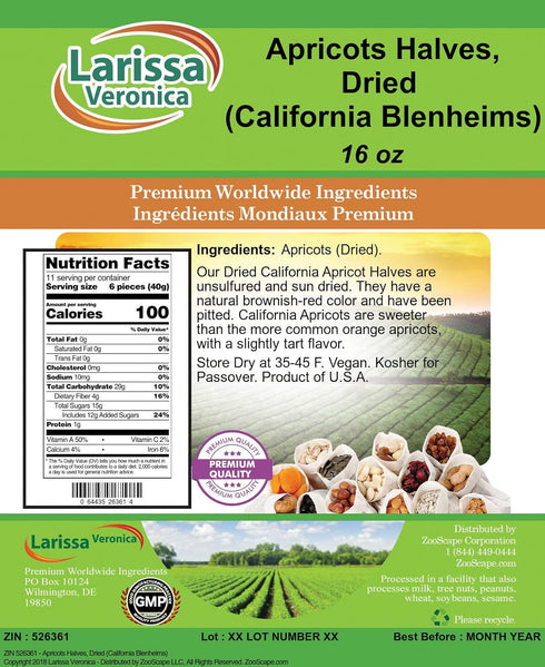 Larissa Veronica (16 oz, 526361) Apricots Halves, Dried (California Blenheims) ZIN:
