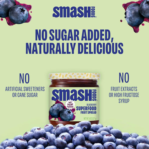 (2 Smash Foods Blueberry Jam | Low-Calorie, No Sugar Added Keto Jam with Upcycled Fruit & Chia Seeds | Vegan, Paleo