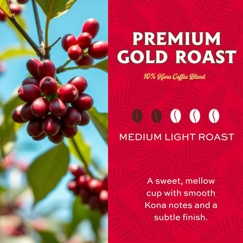 10% 24 Lion Coffee Premium Gold Roast, Kona Coffee Blend, Medium-Light Roast, A Taste of Aloha - Ground, Ounce Bag