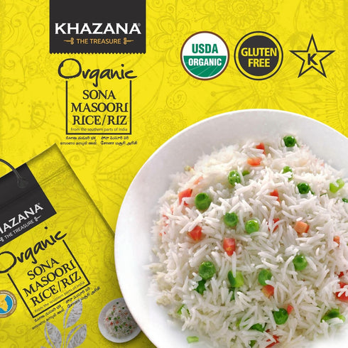 10 lb Organic Sona Masoori Rice by Khazana in Bag - Aromatic and Flavorful Indian Grain - Non-GMO, Gluten Free, Kosher