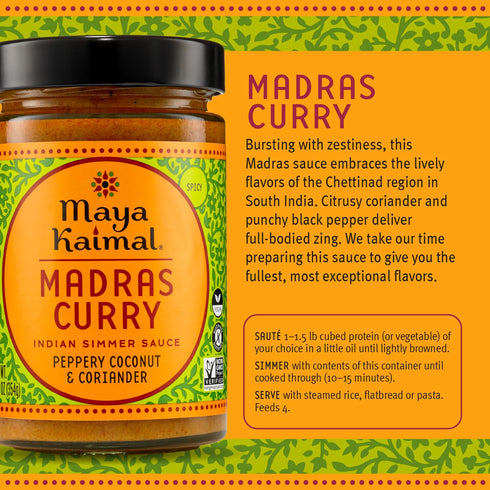 12.5 oz, Simmer Maya Kaimal Madras Curry Sauce, Spicy Indian Sauce with Peppery Coconut and Coriander. Vegan, Gluten