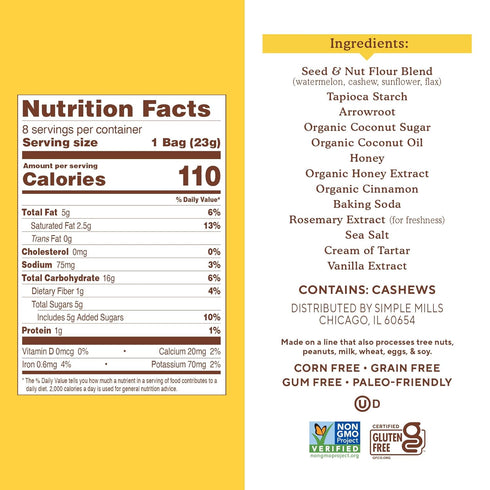 Packs 8 Pack (6.5 oz Pack 1) Simple Mills Snack Honey Cinnamon Seed & Nut Flour Sweet Thins, Paleo Friendly & Delicious