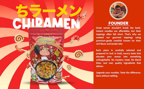CHIRAMEN Mala Crawfish Mix Ramen Toppings Crawfish, Fish Cake, Squid, Imitation Crab, Egg, Corn, Cabbage & Plant-Based