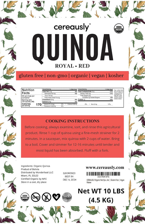 Cereausly 10 LB Organic Red Quinoa Premium Royal Quinoa from Bolivia Kosher and Non-GMO Quinoa Bulk Vegan