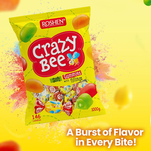 2.2 lbs (1 (Pack 2) Roshen Crazy Bee Jelly Candy, Assorted Fruit Flavors with Soft Fruit Filling, Bulk kg) Individually