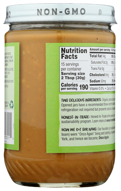 16oz Once Again Organic Crunchy Peanut Butter, - Lightly Salted, Unsweetened - USDA Organic, Gluten Free Certified