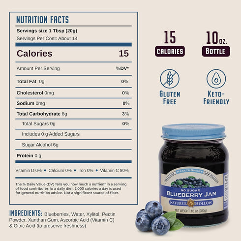 10oz Nature's Hollow Blueberry Jam: Sugar Free Jam and Preserves, Low Cal, Non GMO, Keto Jam, Vegan, Gluten Free