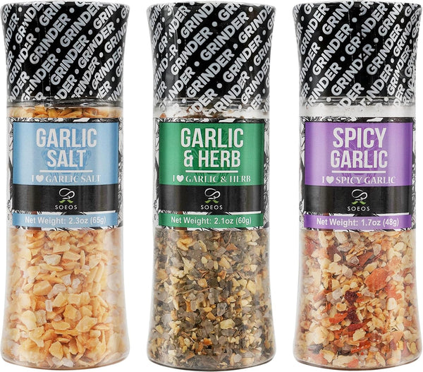 Soeos Spice Seasoning Set of 3 with Integrated Grinders: Spicy Garlic, Garlic & Herbs, Garlic Salt, Seasoning Gift Set