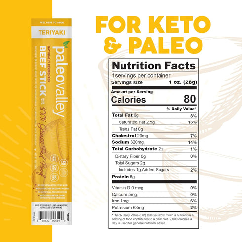 Paleovalley 100% Grass Fed Teriyaki Beef Sticks - Delicious Gluten Free Snack, High Protein Keto Friendly