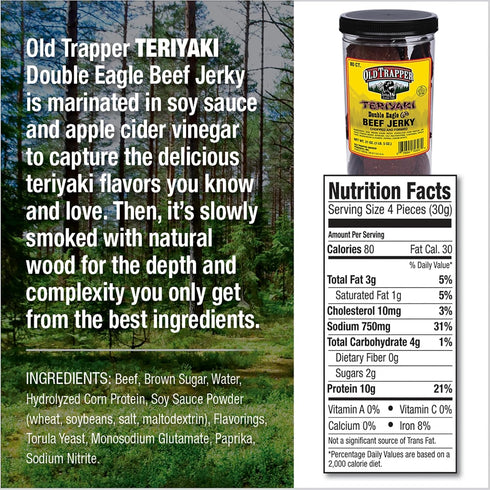 21oz. 80-Piece 10 80 (Pack Old Trapper Double Eagle Beef Jerky, Teriyaki Flavor, Jar, Natural Wood Smoked Meat Snacks