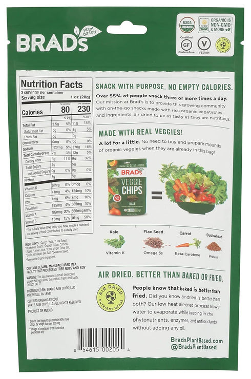 Brad's Raw Organic Gluten Free Raw Chips, Kale, 3 Ounce