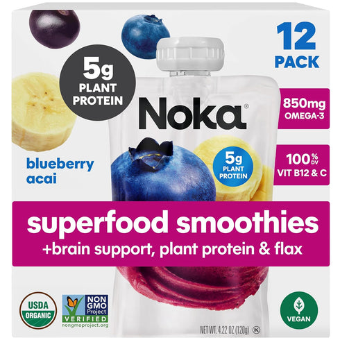 Noka Superfood Fruit Smoothie Pouches, Blueberry Acai with Brain Support, Healthy Snacks