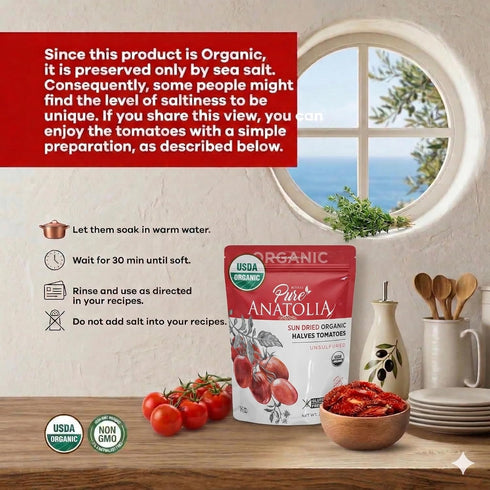 Packed, 3.17 oz Pure Anatolia Organic Sun-Dried Tomatoes Halves Cut Dry No Oil Added, Unsulfured, No Preservatives