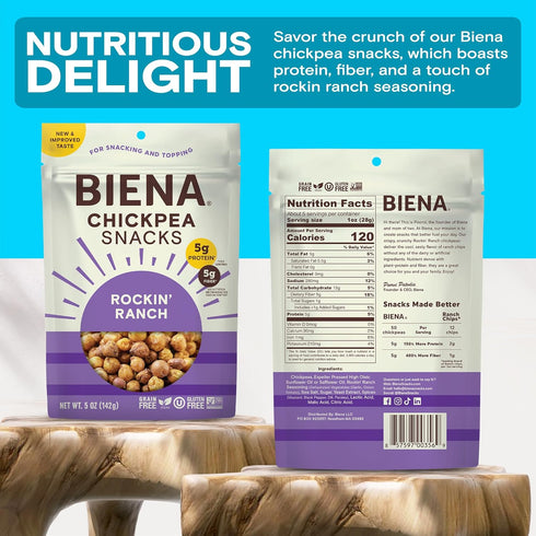 4-Pack, 5 BIENA Chickpea Snacks - Crunchy Roasted Chickpeas - High Fiber Vegan Protein Snacks for Adults and Kids