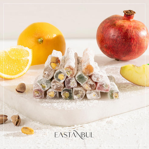 17.6oz, 4 Eastanbul Turkish Delight, Turkish Delights Candy Sticks Pistachio Filled w/ Flavors: Apple, Orange