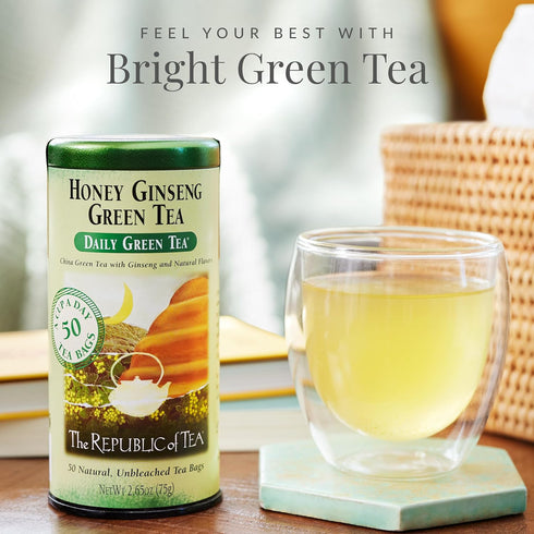 The Republic of Tea - Honey Ginseng Green Tea, 50 Tea Bags, Gourmet Flavored Caffeinated Tin