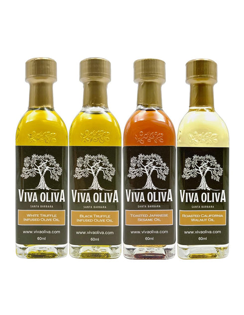 Viva Oliva Set 60ml (2oz) 100% Gourmet Oil Variety Sampler - Gift with four bottles - White Truffle, Black Truffle