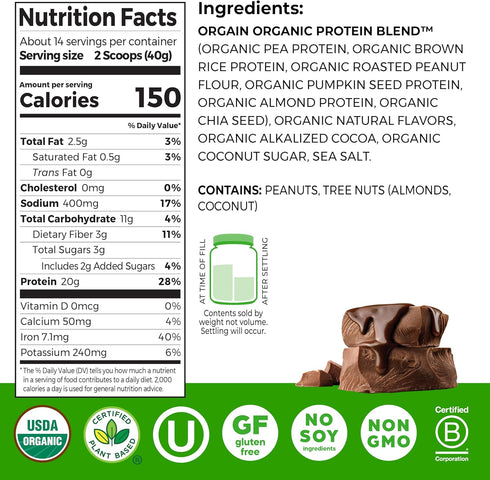 20g 1.25 lb (Packaging Orgain Organic Simple Vegan Protein Powder, Chocolate - Plant Based Protein, Made with less