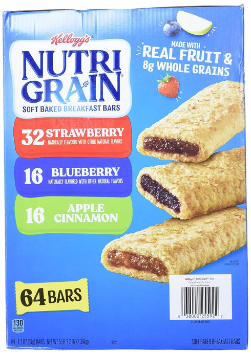 Kellogg's 1.3 Oz, 64 Count Cereal Bars Nutri-Grain Breakfast Bars, Variety, Strawberry,Blueberry