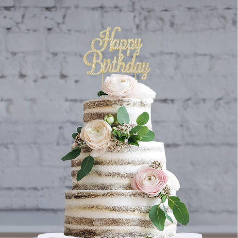 Happy Birthday Cake Topper - Premium Gold Metal, Sparkly Rhinestone Decoration Makes a Great Centerpiece