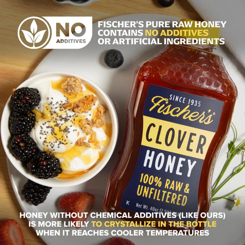 40 oz 100% Packed Fischer's Pure Clover Honey Pure, Raw and Unfiltered Honey in a Squeeze Bottle All-Natural Sweetener
