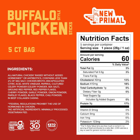 9g 5 Pack New Primal Buffalo Chicken Sticks, Keto, Gluten Free Healthy Snacks, Sugar Free Low Carb High Protein, Jerky