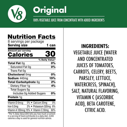 V8 100% 5.5 OZ (6 Packs 8 Original Vegetable Juice, Vegetable Blend with Tomato Juice, FL Can of Cans)