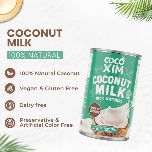 100% 400ml (Pack 12) COCOXIM Natural Coconut Milk, of | Zero Added Sugar | Rich & Creamy for Cooking | Halal & Kosher