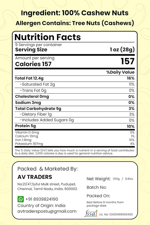 RAEN HAVEN 8.82 oz (250gm) Packed, Pack 1 Whole Cashew Nuts - Organic, Crunchy Snack, Freshly High in Protein Great