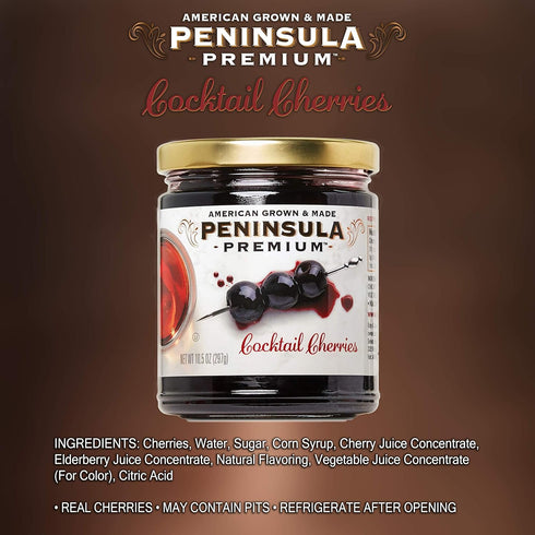10.5 oz (3-Pack) Peninsula Premium Cocktail Cherries | Award Winning | Deep Burgundy-Red | Silky Smooth, Rich Syrup |