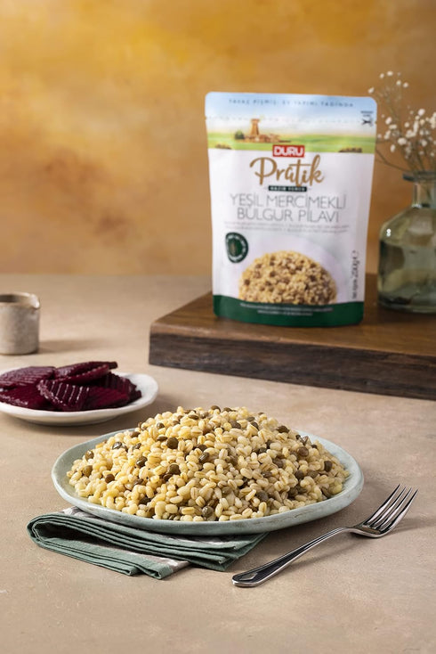 8,8 100% Duru Bulgur Pilaf with Green Lentils, Ounces, Heat & Eat, Natural, Non-GMO, BPA Free, No Trans Fat, No