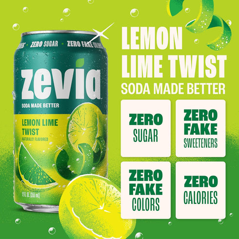 12 Oz (Pack 24) Zevia Zero Calorie Soda, Lemon Lime Twist, Fl Cans