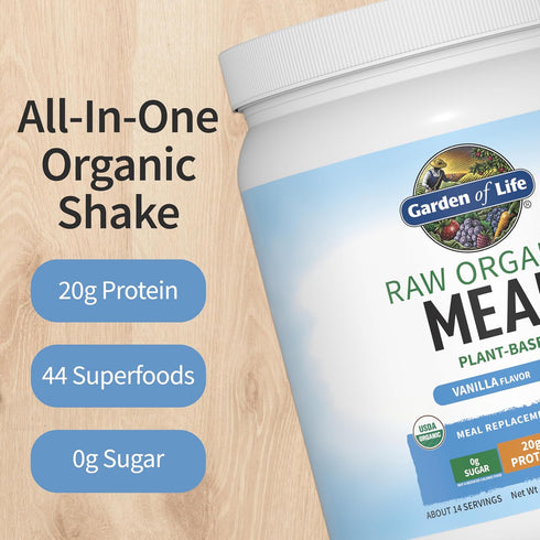 14 Garden of Life Meal Replacement Shakes, Raw Organic, Vanilla Protein Powder with Plant Based Pea Protein, Sprouts
