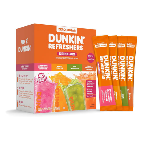 Dunkin Zero Sugar Refreshers Singles To Go! Powdered drink mix packets, 40