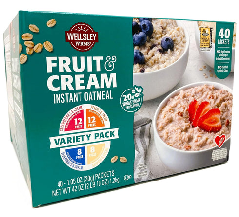 Wellsley Farms Fruit And Cream Instant Oatmeal 40 Pack Variety. (8x Banana, 12x Peach,