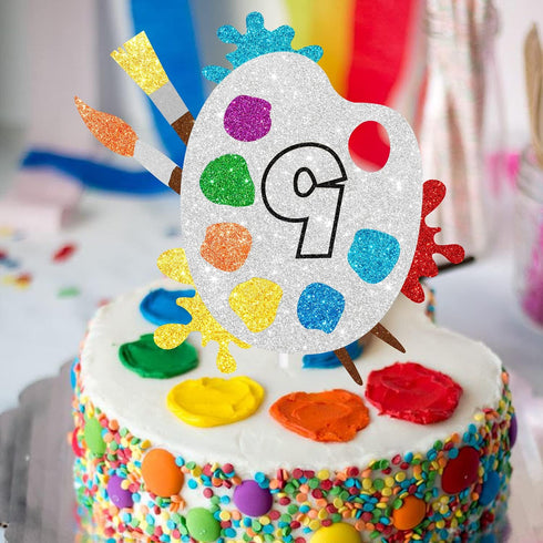 9th Slime Cake Topper - Art Themed Palette Painting Graffi Boy Girl Birthday Party Decorations Supplies for Nine Years