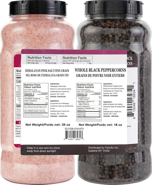 52USA 18 oz 39 oz, 2 Set Whole Black Peppercorns + Himalayan Pink Salt (Fine Grain) Salt and Pepper Grinder, Black