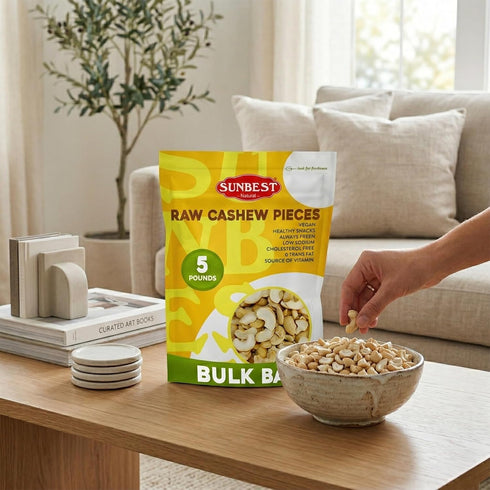 5 lbs (80 oz) Sunbest Natural Raw Cashew Halves & Pieces, Unsalted & Unroasted Bulk Cashews to Eat For Party Snacks