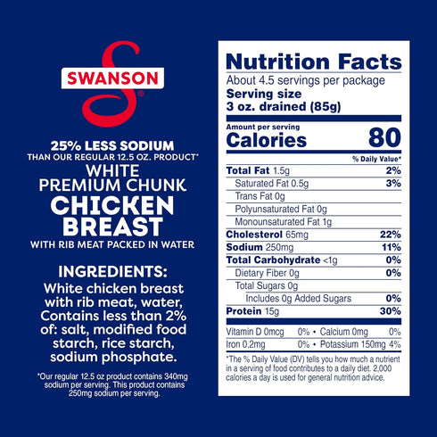 25% 12.5 OZ (2 Pack) Swanson Less Sodium White Premium Chunk Canned Chicken Breast in Water, Can