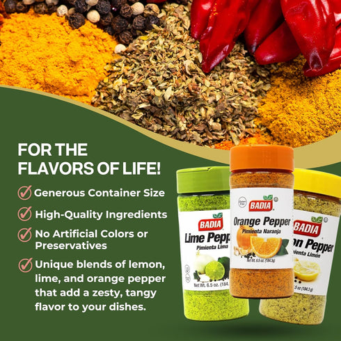 Forever Festive Set: 6.5 Oz Gourmet Seasoning Includes Badia Lemon Pepper, Badia Lime Pepper & Badia Orange Pepper