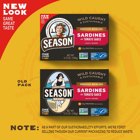 17g 3's 3.75 Oz 12-Pack Season Brisling Sardines in Tomato Sauce - Wild Caught, of Protein, Keto Snacks, More Omega